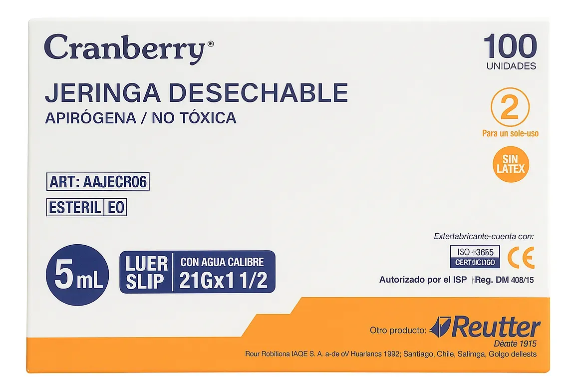 JERINGA DESECHABLE LUER SLIP 5CC 21G X 1 1/2 CAJA 100 UNIDADES