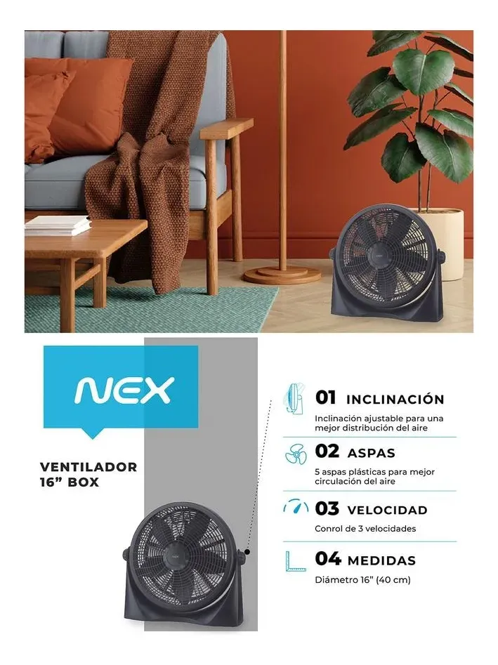 VENTILADOR NEX BOX 40.6CM OSCILANTE 5 ASPAS NEGRO 40.64 CM 50HZ / 60HZ PLÁSTICO - Imagen 4