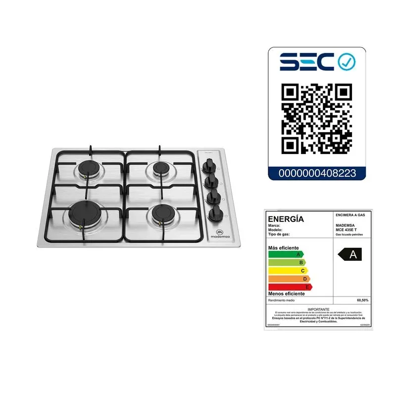 ENCIMERA A GAS 4 PLATOS MADEMSA ENCENDIDO ELÉCTRICO Y PARRILLA ESMALTADA MCE 435E T INOX - Imagen 6