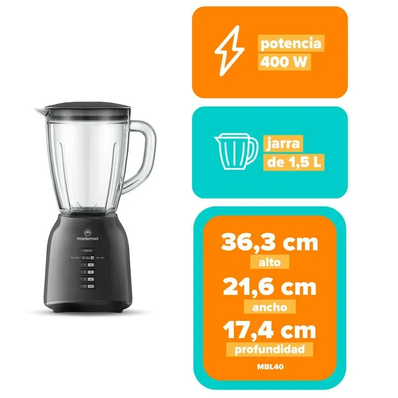 LICUADORA MADEMSA 1.5L CON JARRA DE VIDRIO Y 6 VELOCIDADES 400W MBL40 NEGRA - Imagen 7
