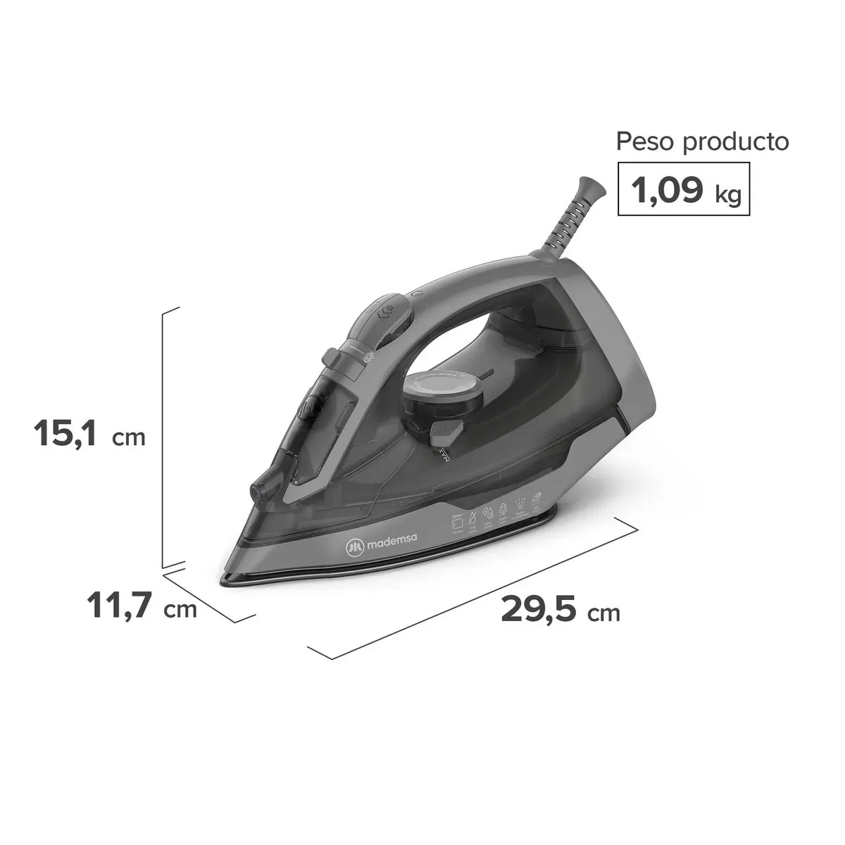 PLANCHA A VAPOR MADEMSA CON BASE DE CERÁMICA Y SISTEMA ANTISARRO MIR30 GRIS - Imagen 2