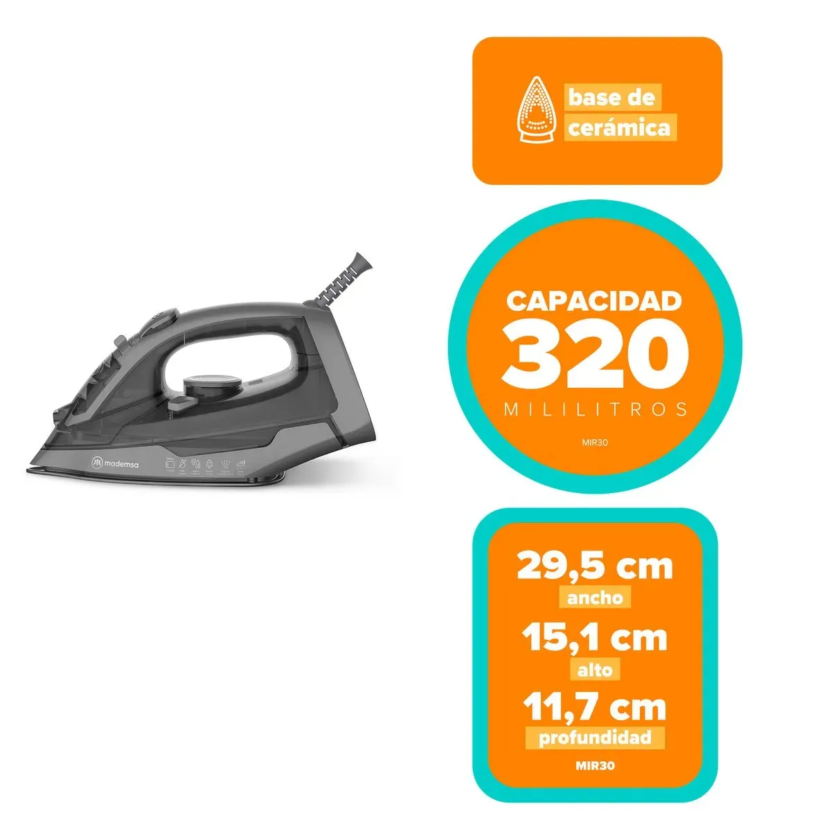 PLANCHA A VAPOR MADEMSA CON BASE DE CERÁMICA Y SISTEMA ANTISARRO MIR30 GRIS - Imagen 7