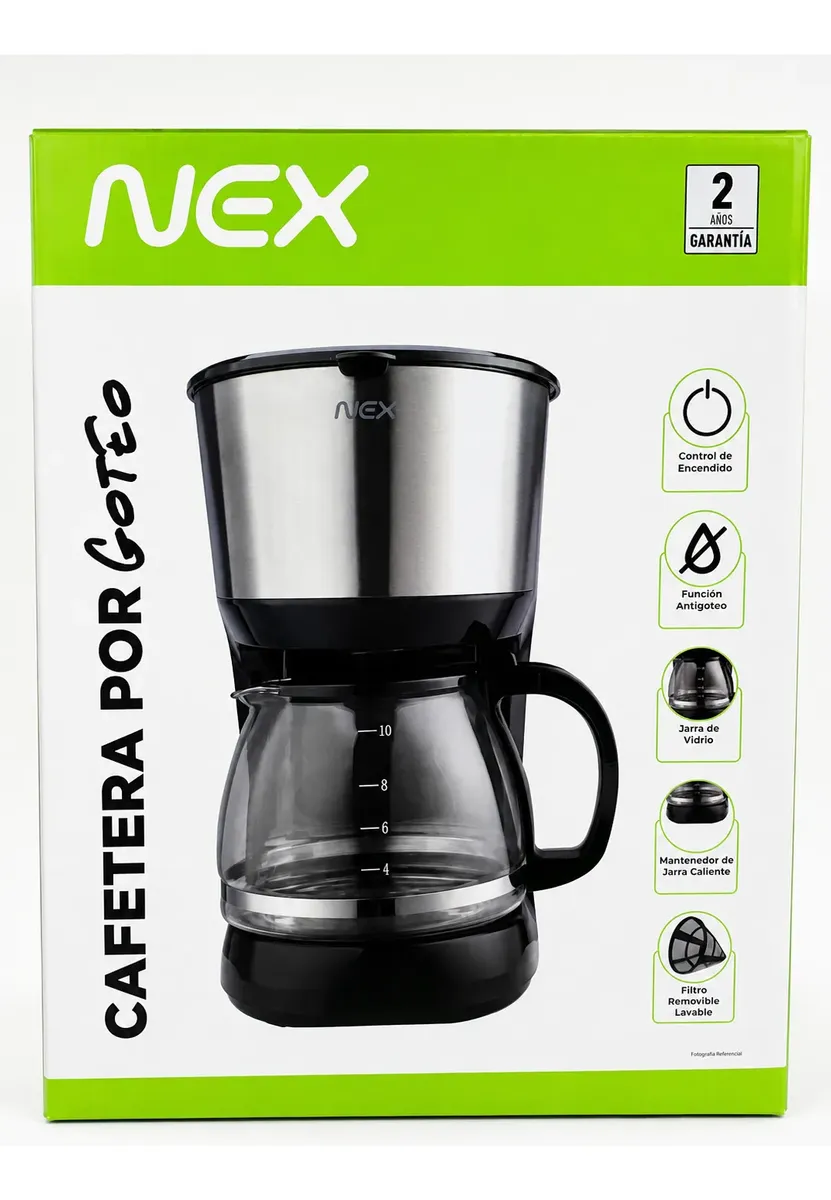 CAFETERA NEX 1.25L GOTEO JARRA VIDRIO ACERO NEGRO 10 TAZAS N - Imagen 5