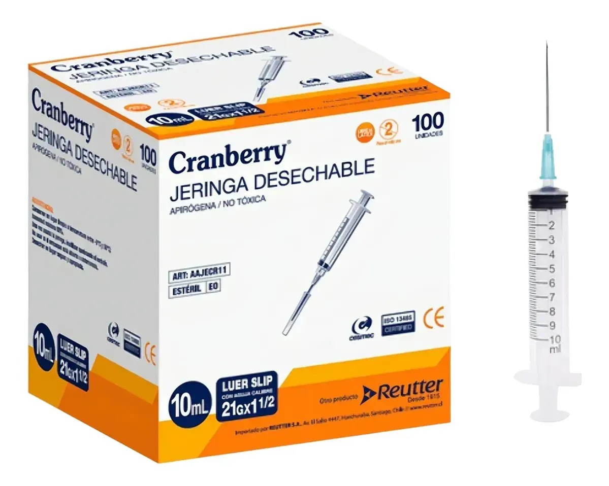 JERINGA CRANBERRY LUER SLIP DE 10 ML CON AGUJA, PACK DE 100