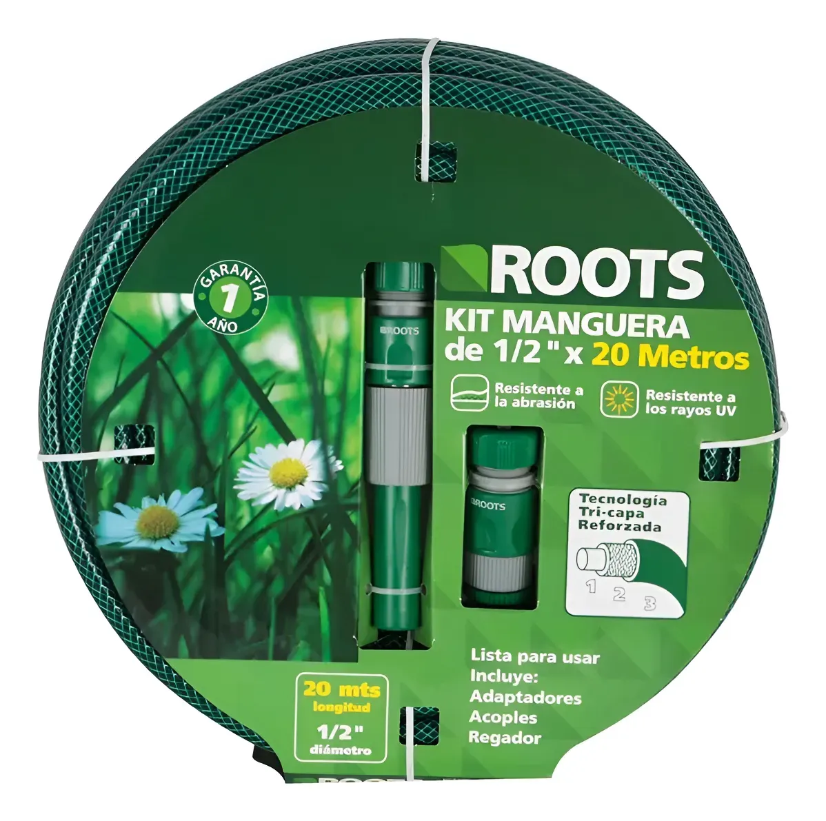 MANGUERA DE AGUA ROOTS JARDÍN 1/2» 20 M RESISTENTE